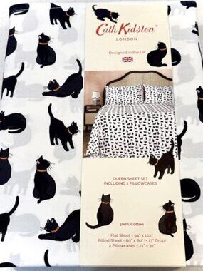 Cath Kidston London QUEEN Size Black Cats Halloween Cotton Percale Sheet Set